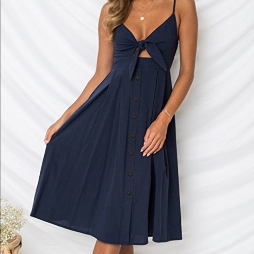 Navy blue summer tie up midi dress